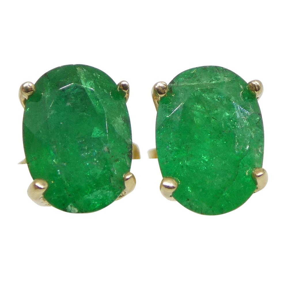 0.88ct Oval Green Colombian Emerald Stud Earrings set in 14k Yellow Gold For Sale 12