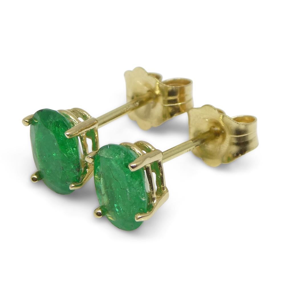 0.88ct Oval Green Colombian Emerald Stud Earrings set in 14k Yellow Gold For Sale 13