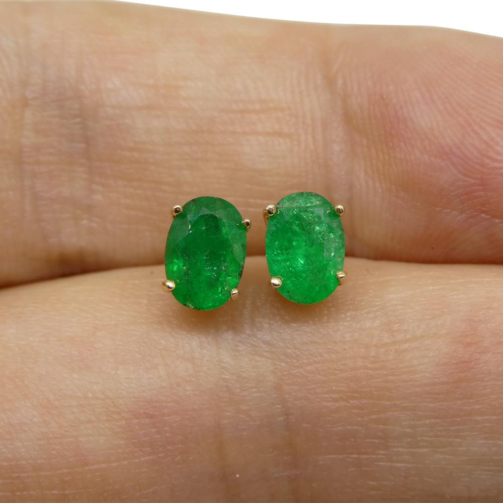 Description:

Stone Type: Emerald
Number of Stones: 2
Weight: 0.88 carats total weight
Measurements: 6.19 x 4.30 mm / 6.16 x 4.34 mm
Shape: Oval
Cutting Style: Crown: Brilliant Cut
Cutting Style: Pavilion: Modified Brilliant Cut
Transparency: