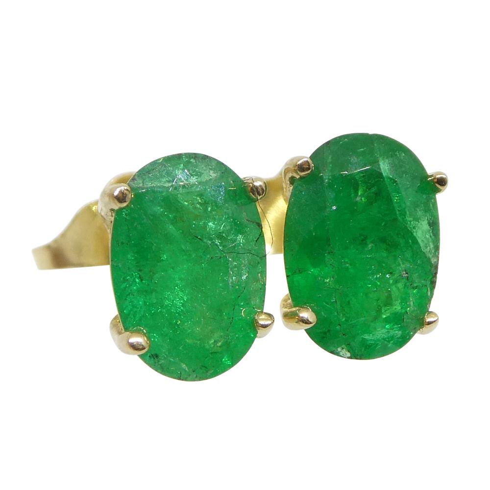 Women's or Men's 0.88ct Oval Green Colombian Emerald Stud Earrings set in 14k Yellow Gold For Sale