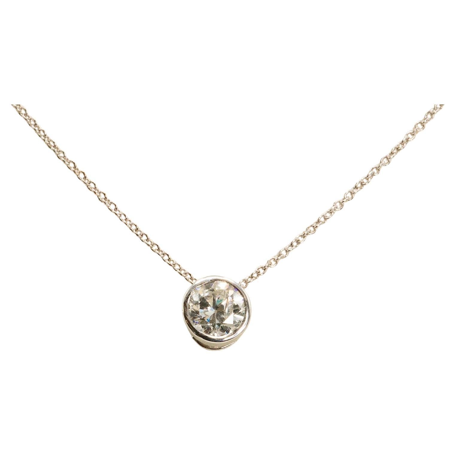 0.88CT Round Brilliant Bezel Set Diamond Pendant Necklace in 14K White Gold
