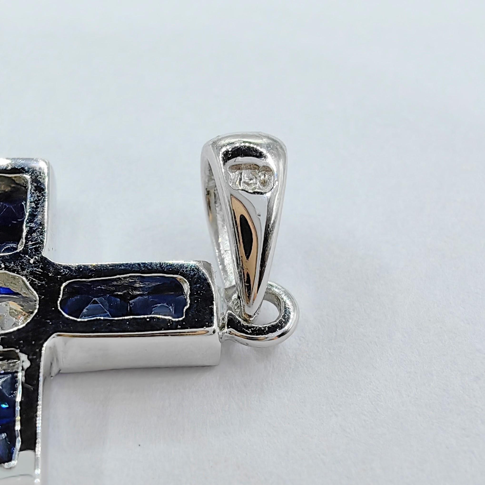 Women's 0.88ct Royal Blue Sapphire & Diamond Cross Necklace Pendant in 18K White Gold For Sale