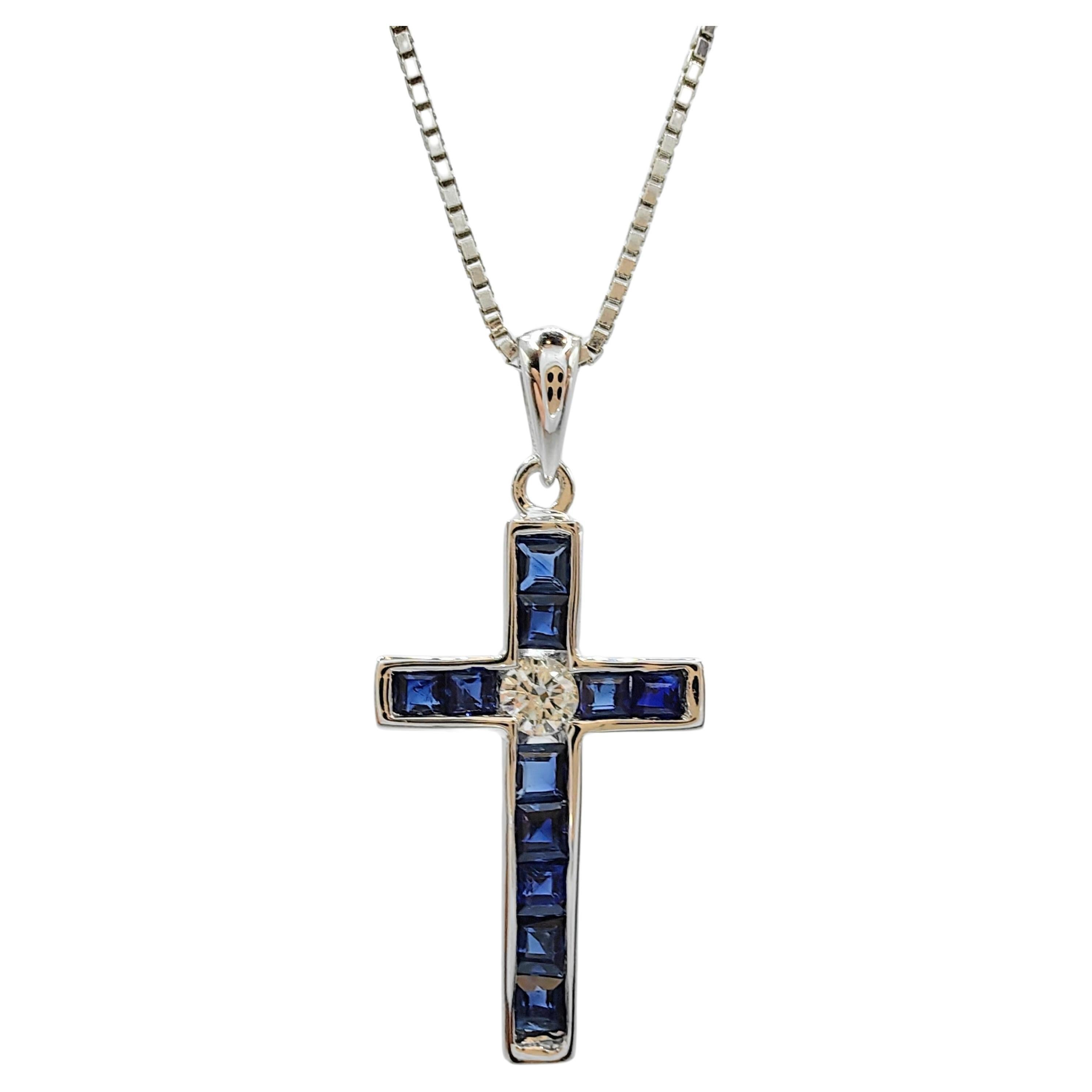 0.88ct Royal Blue Sapphire & Diamond Cross Necklace Pendant in 18K White Gold For Sale