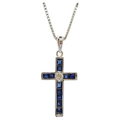 0.88ct Royal Blue Sapphire & Diamond Cross Necklace Pendant in 18K White Gold