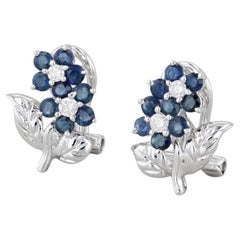 0.88ctw Blue Sapphire Diamond Flower Earrings 18k White Gold Omega Backs