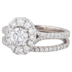 Used 0.88ctw Diamond Halo Engagement Ring Wedding Band Bridal Set 14k White Gold