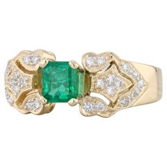 0,88 Karat Smaragd-Diamant-Ring 18k Gelbgold Größe 7,75
