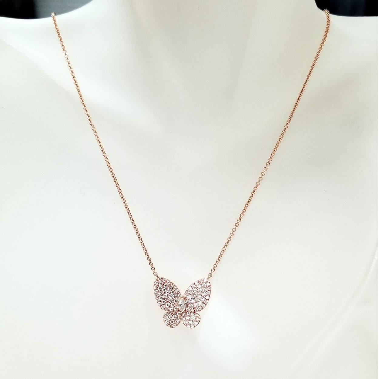 Contemporary 0.91 Carat 14 Karat White Gold Pave Set Butterfly Necklace For Sale