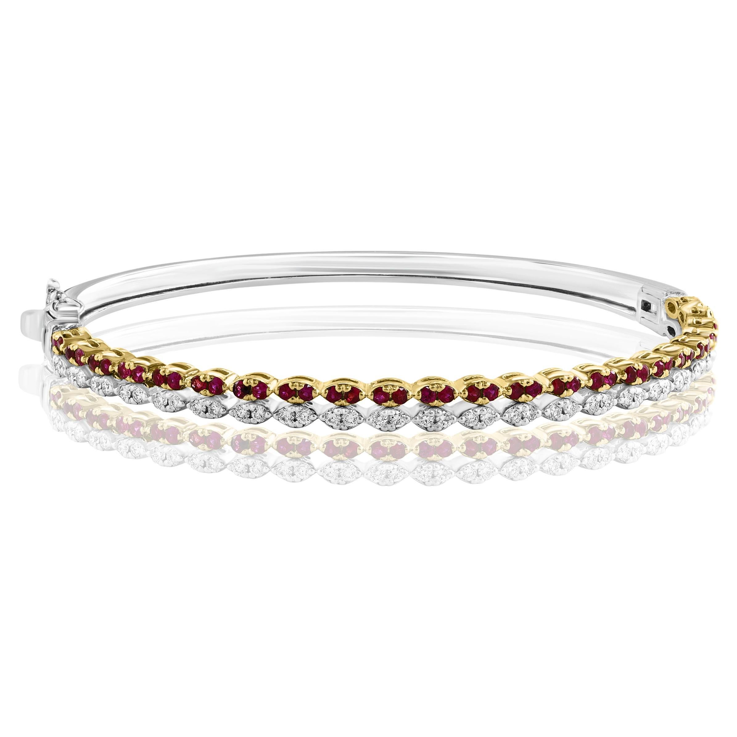 Bracelet jonc en or 14 carats avec diamants et rubis taille brillant de 0,89 carat
