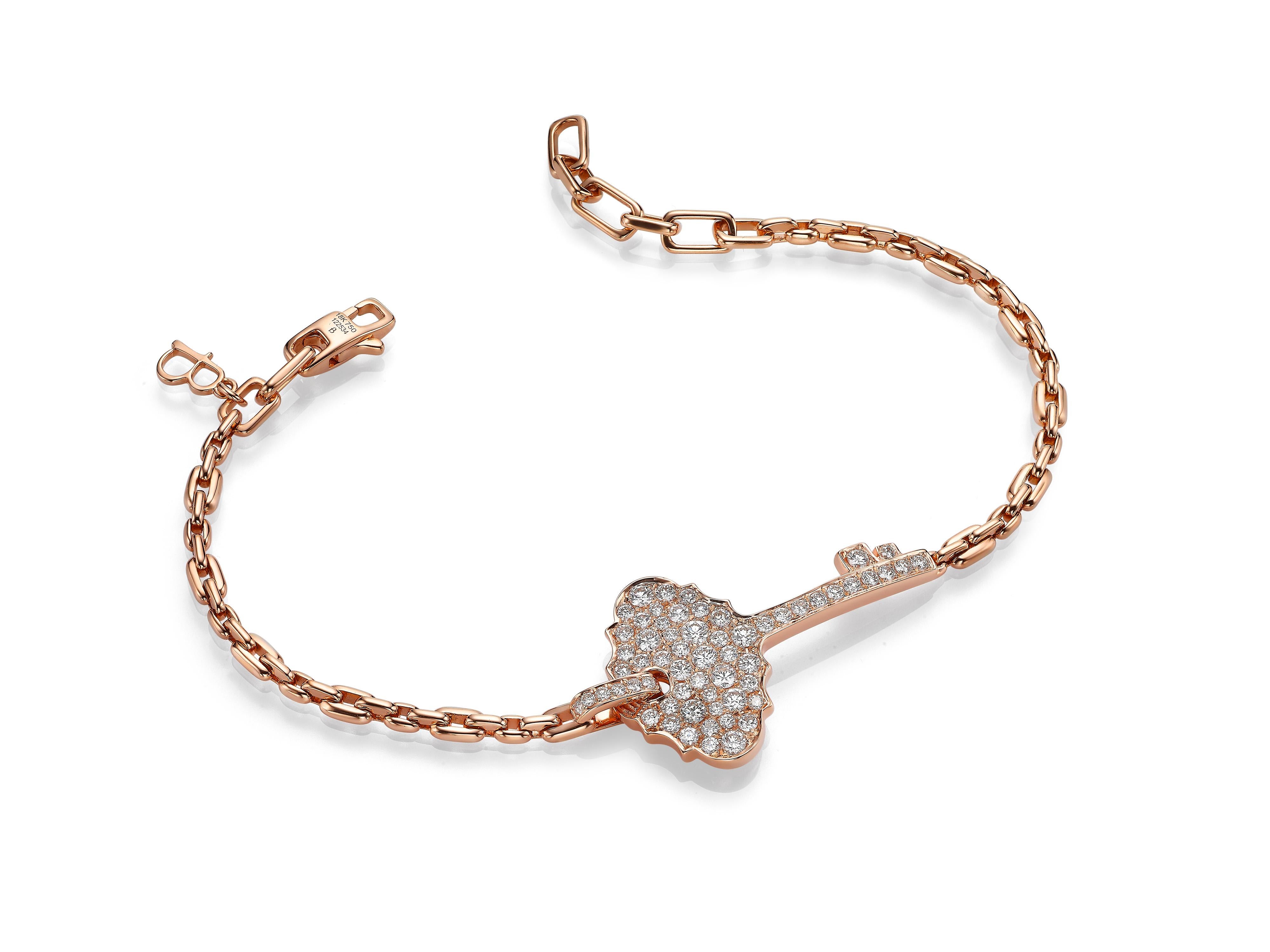 A simple, stackable bracelet that is perfect for every day.  Butani’s 18K rose gold bracelet is strung with a key pendant and encrusted with diamonds totaling 0.89 carats.  Adjustable to your preferred length.  Also available in yellow gold and