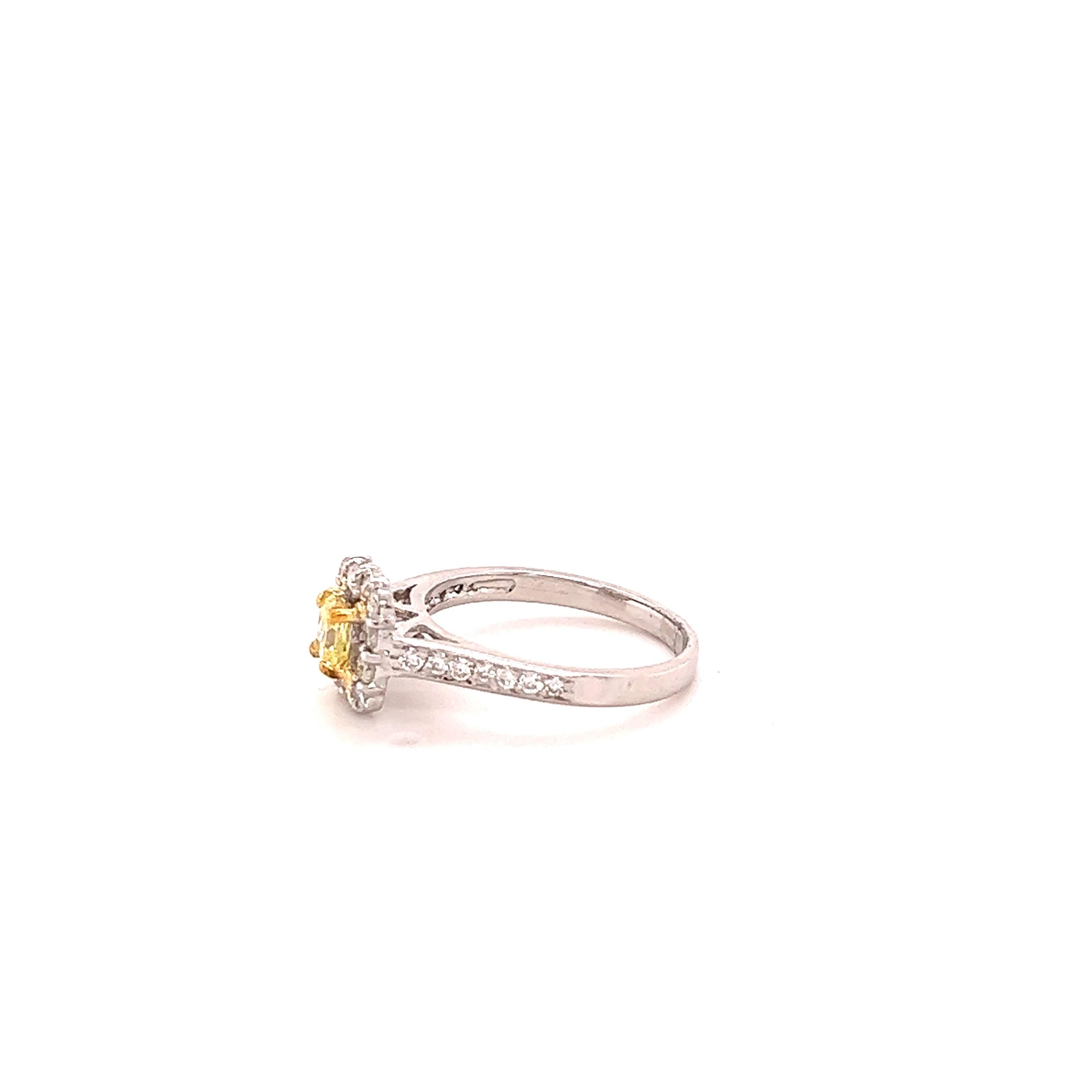 Contemporary 0.89 Carat Fancy Yellow Diamond White Diamond White Gold Engagement Ring For Sale