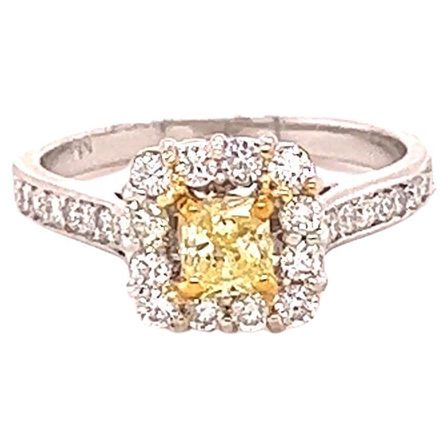 0.89 Carat Fancy Yellow Diamond White Diamond White Gold Engagement Ring For Sale