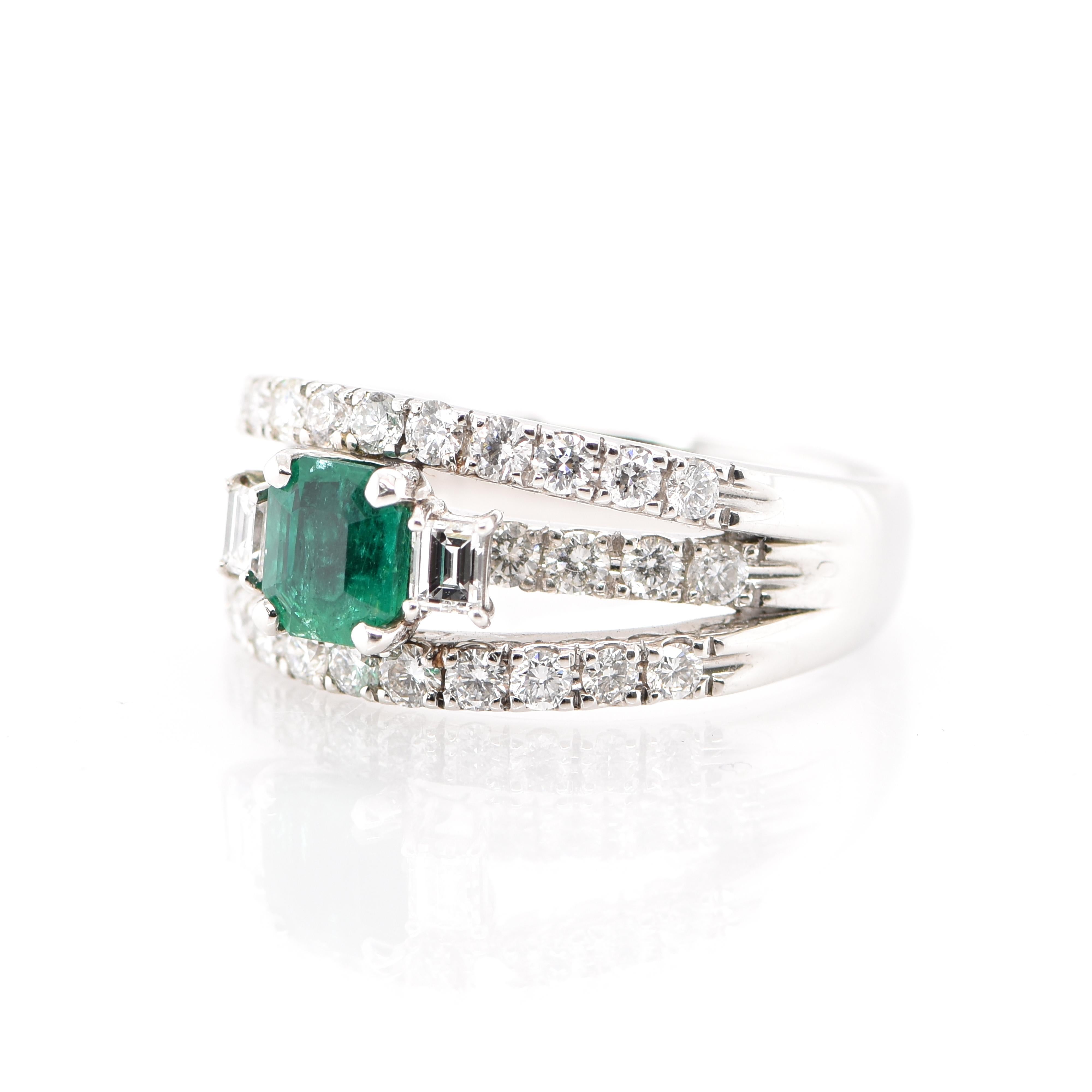 A stunning Engagement/Cocktail Ring featuring a 0.89 Carat Natural Emerald and 1.22 Carats of Diamond Accents set in Platinum. People have admired emerald’s green for thousands of years. Emeralds have always been associated with the lushest