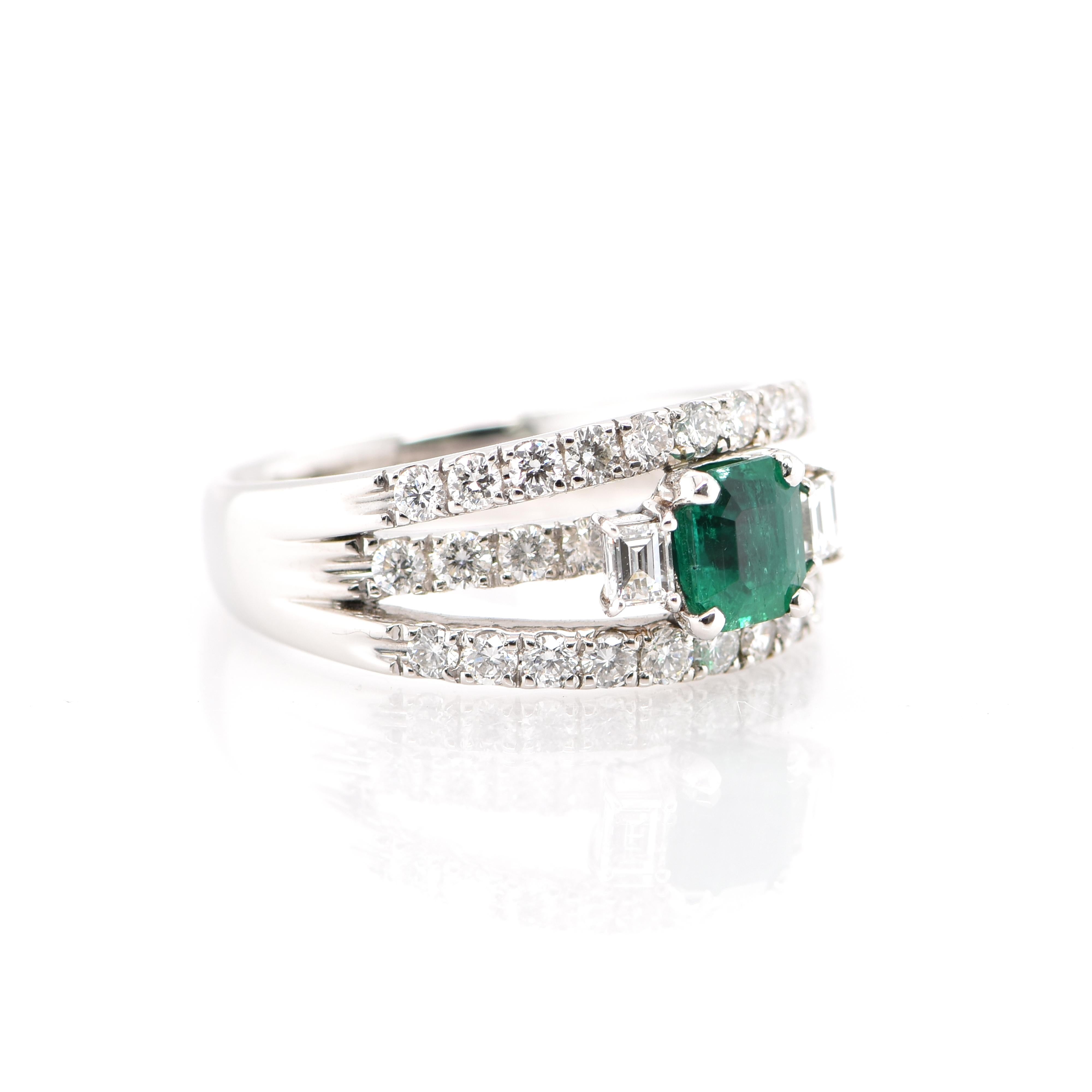 Modern 0.89 Carat Natural Emerald and Diamond Ring Set in Platinum