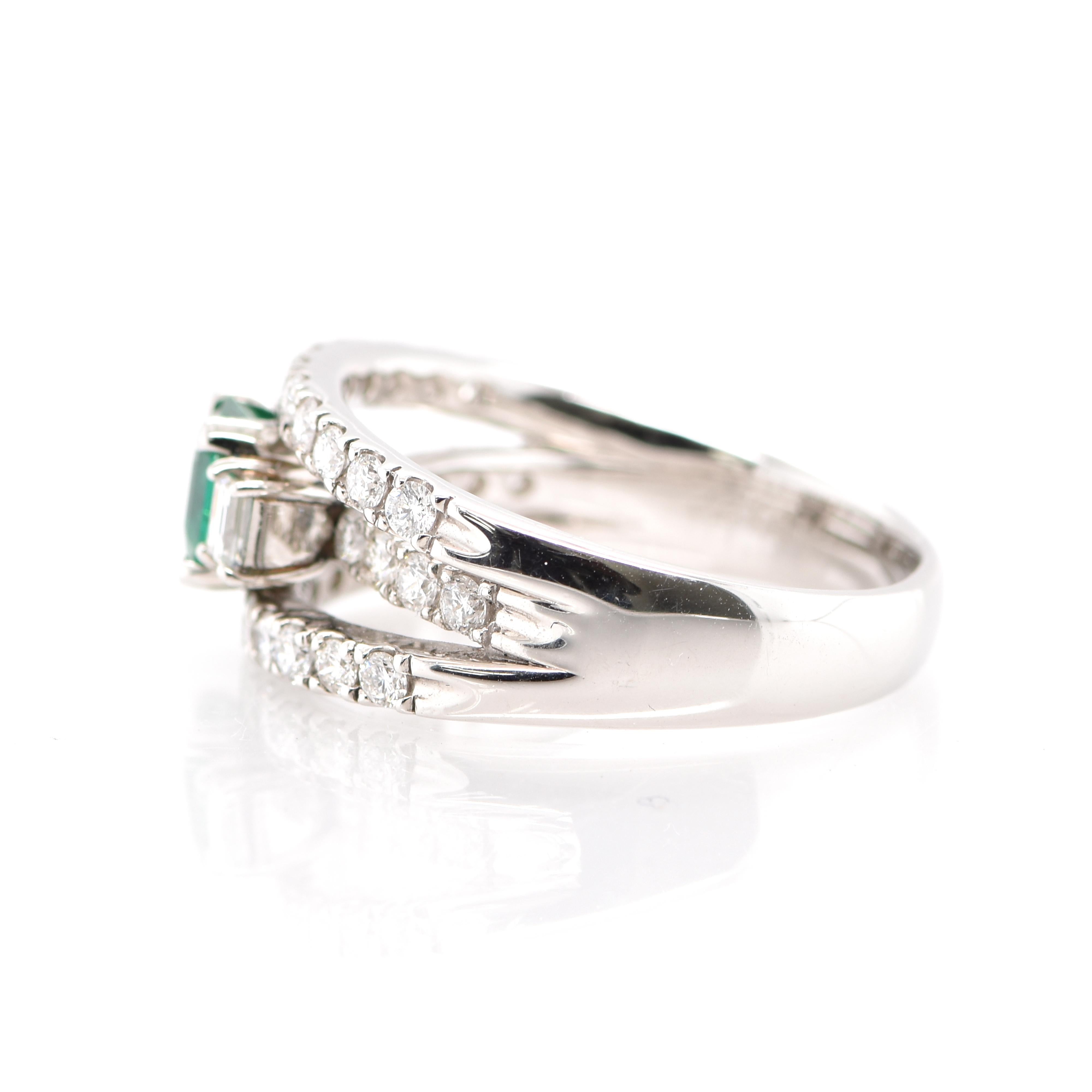 Emerald Cut 0.89 Carat Natural Emerald and Diamond Ring Set in Platinum