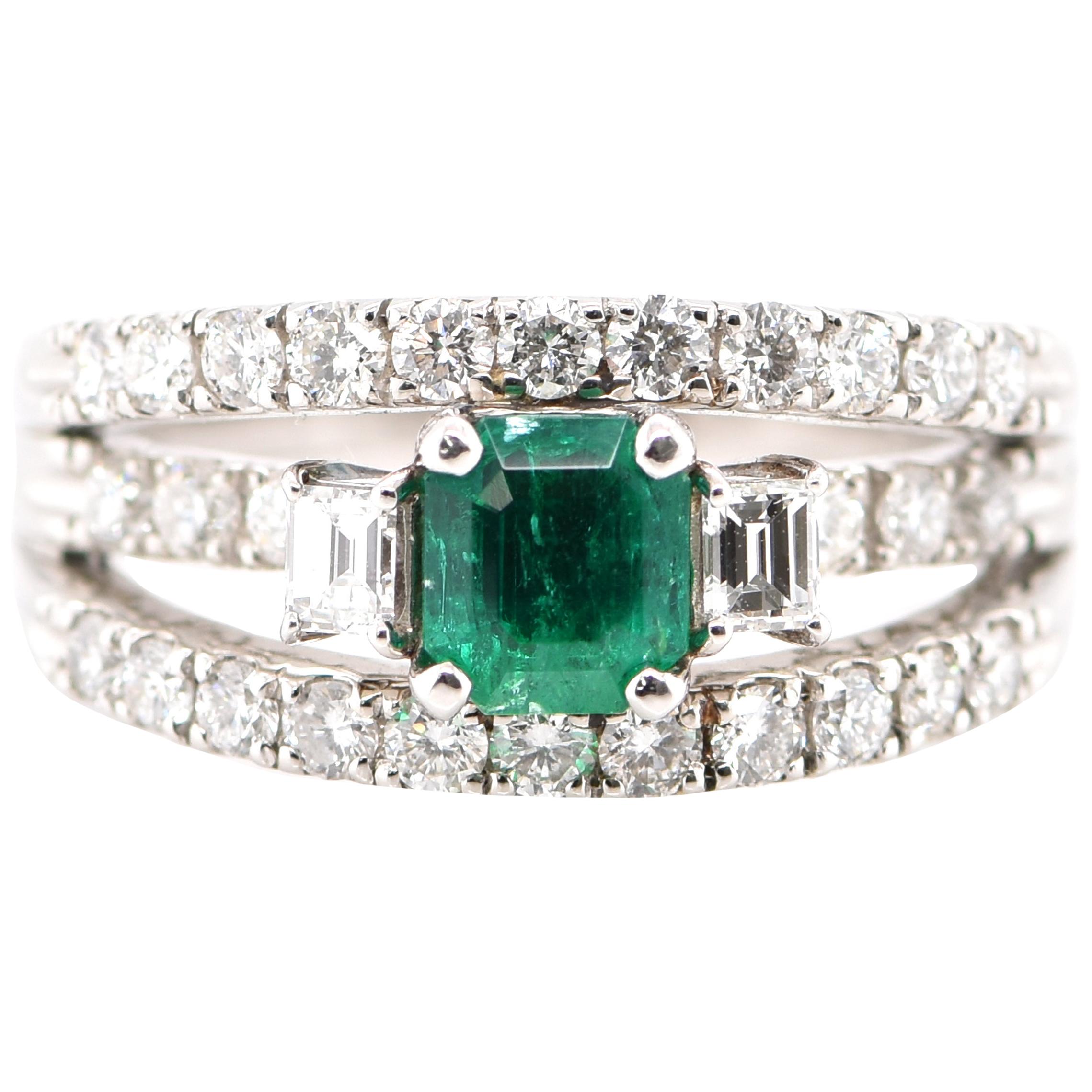 0.89 Carat Natural Emerald and Diamond Ring Set in Platinum
