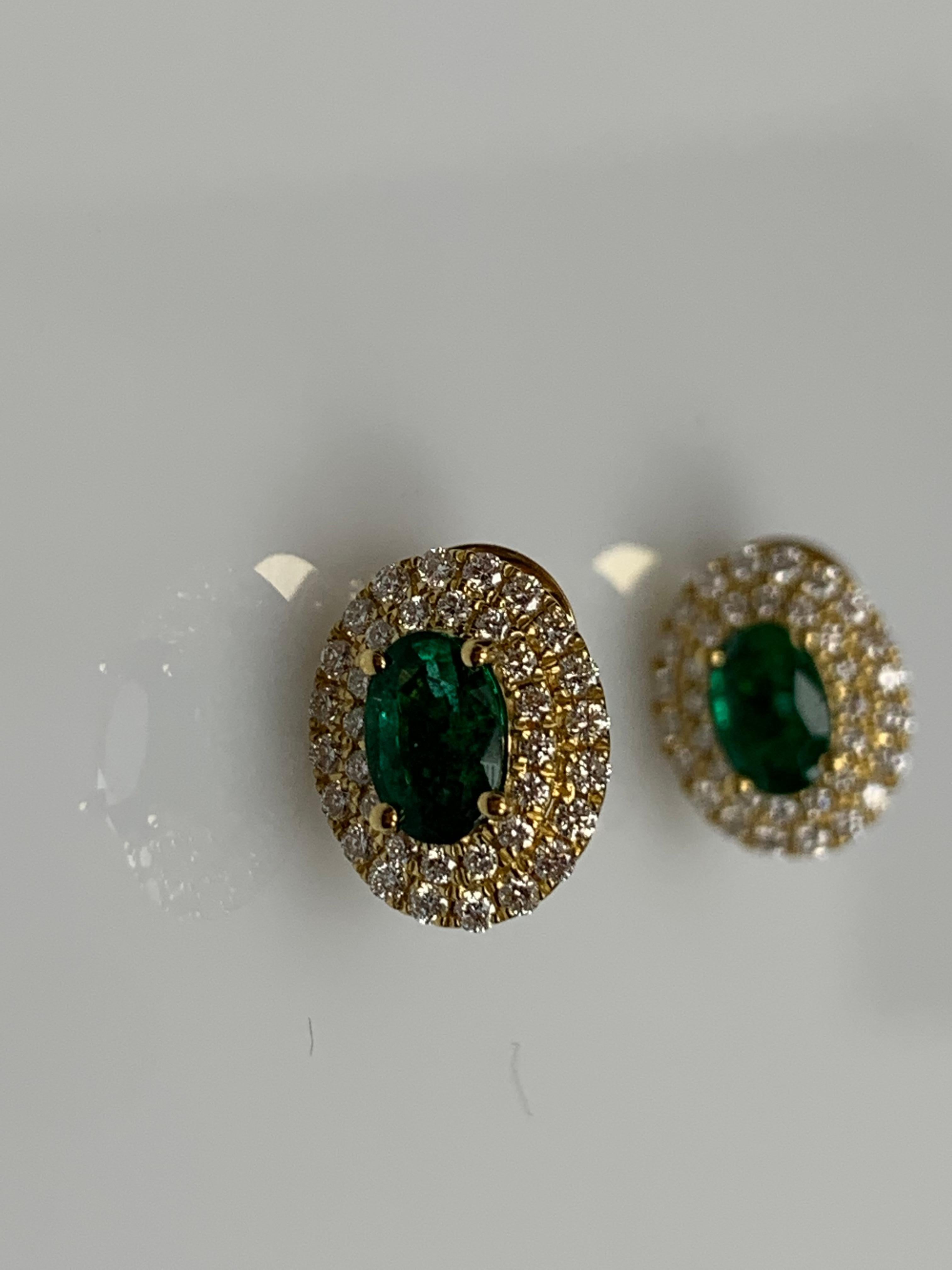 0.89 Carat Oval Cut Emerald and Diamond Stud Earrings in 18K Yellow Gold For Sale 5