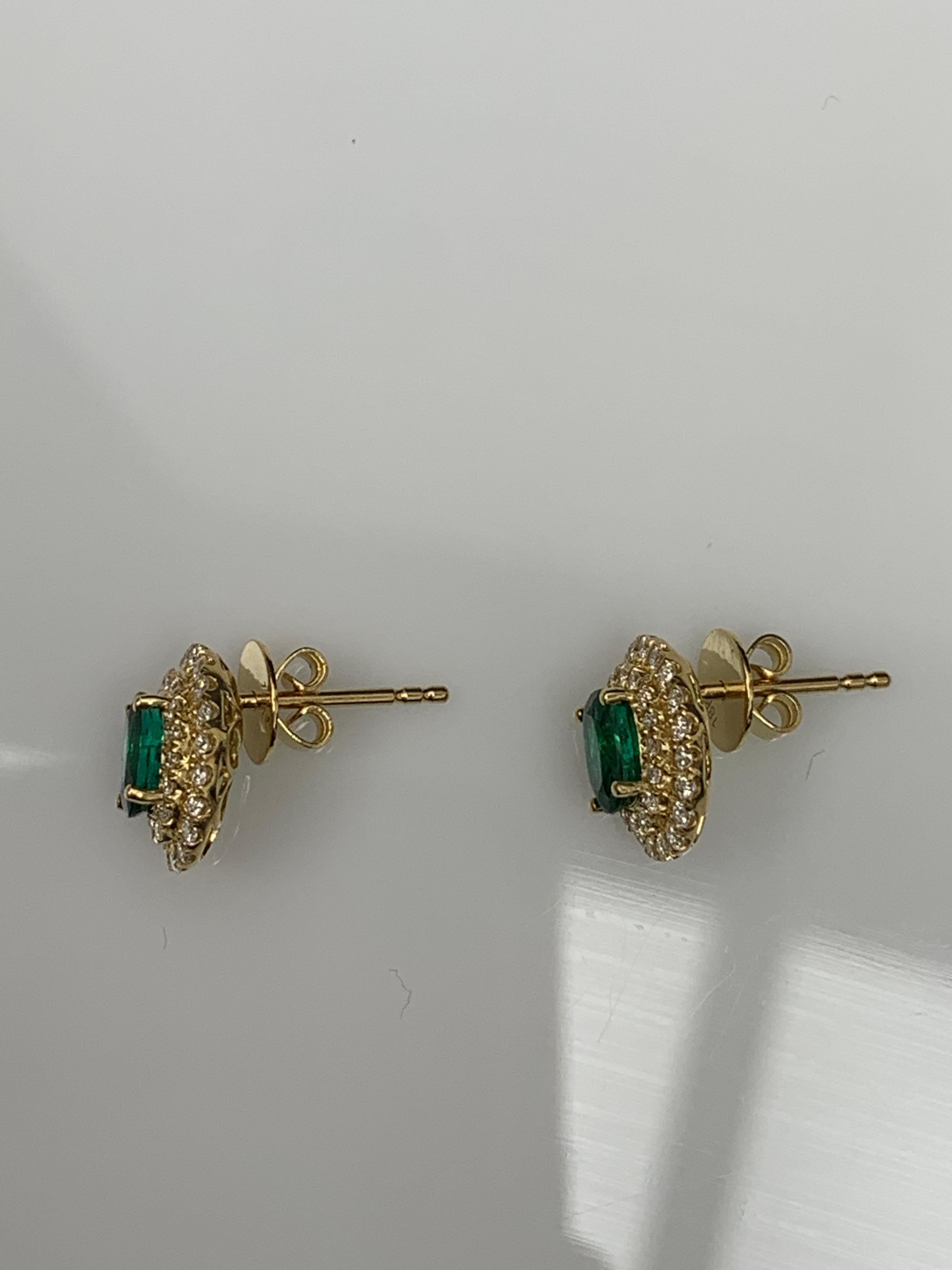 0.89 Carat Oval Cut Emerald and Diamond Stud Earrings in 18K Yellow Gold For Sale 6