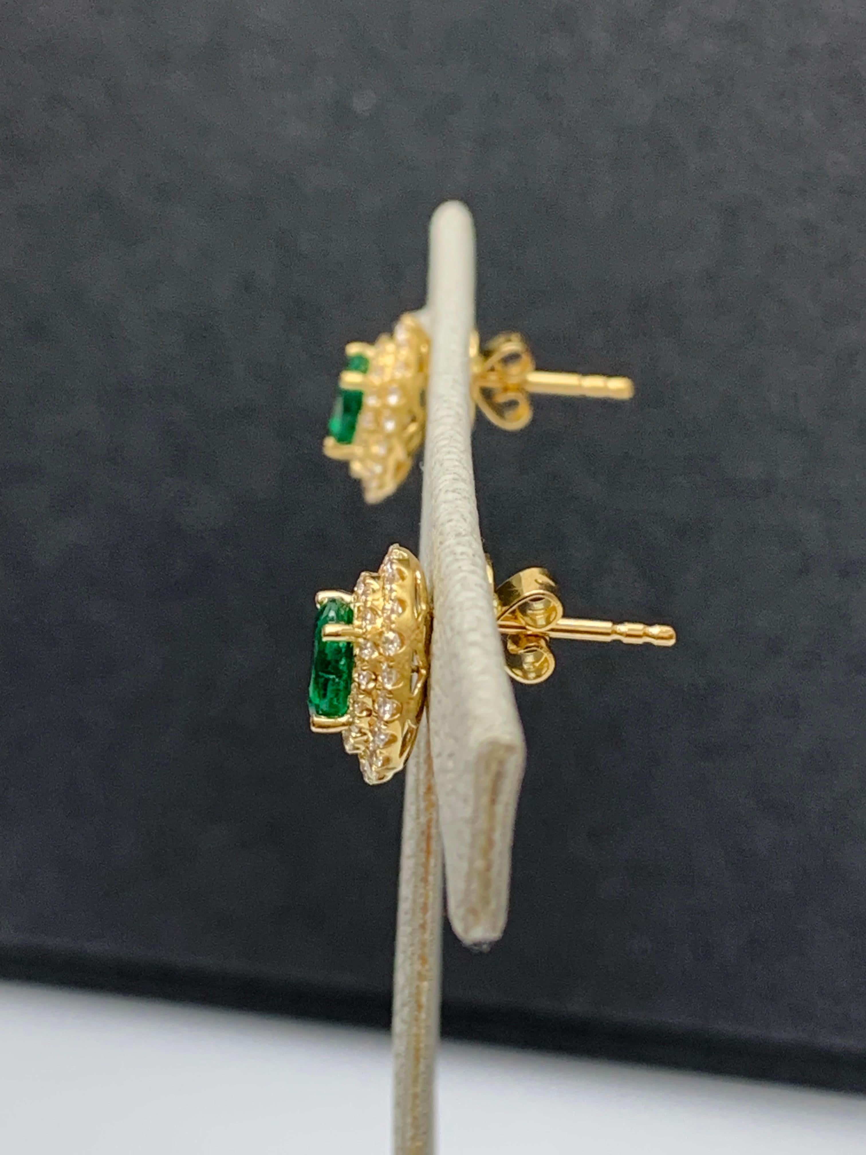 0.89 Carat Oval Cut Emerald and Diamond Stud Earrings in 18K Yellow Gold For Sale 10