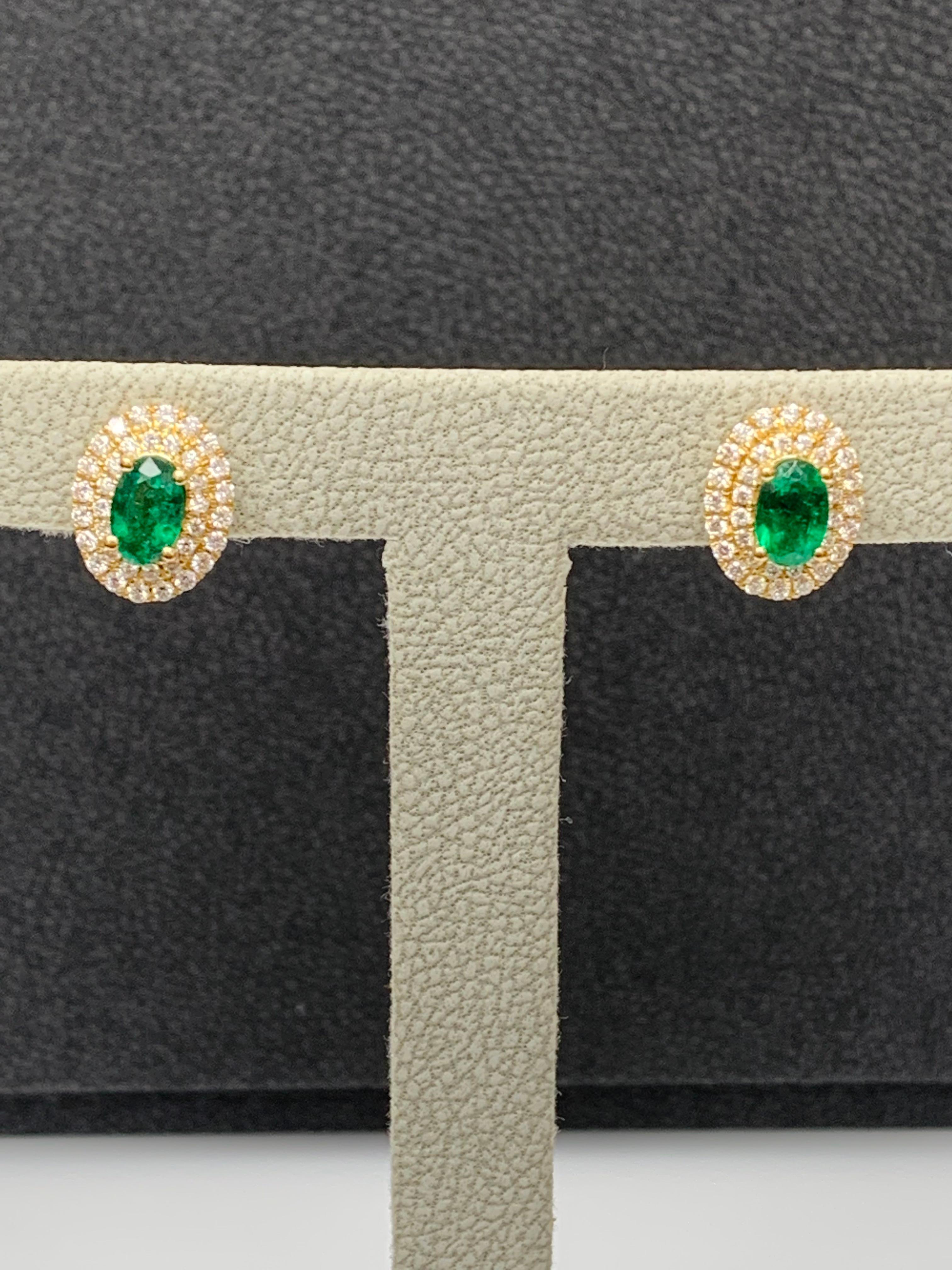 0.89 Carat Oval Cut Emerald and Diamond Stud Earrings in 18K Yellow Gold For Sale 11