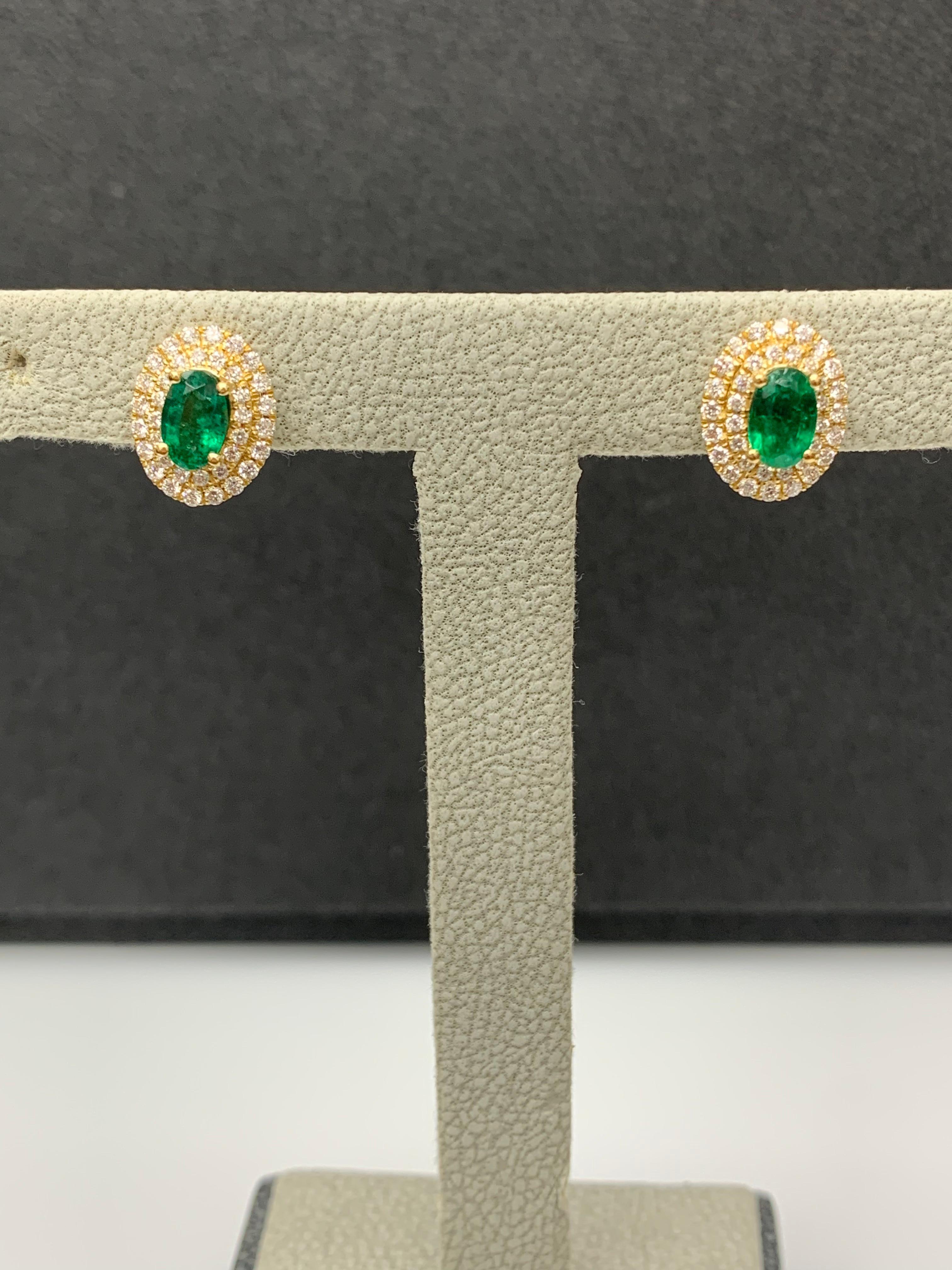 0.89 Carat Oval Cut Emerald and Diamond Stud Earrings in 18K Yellow Gold For Sale 12