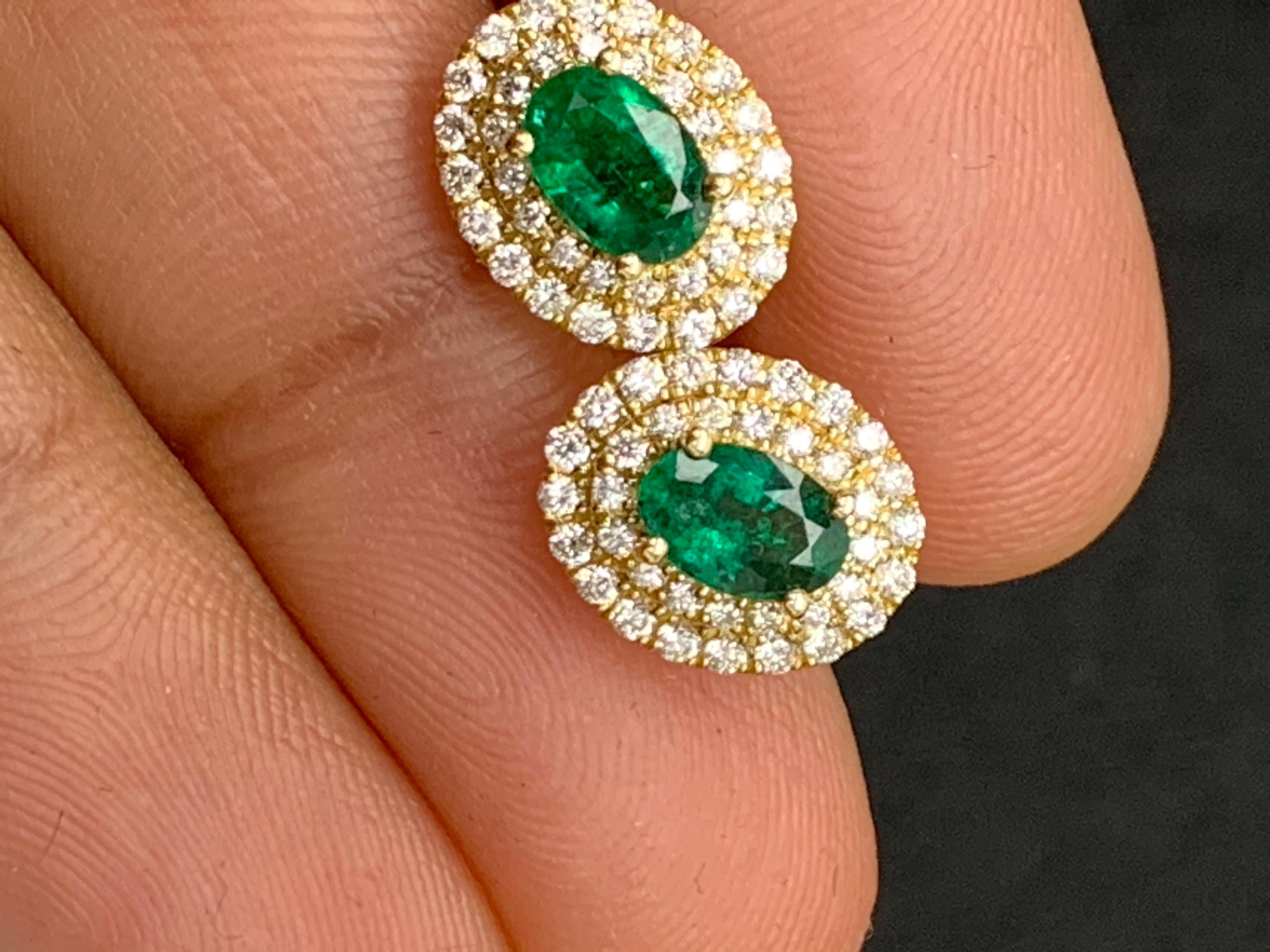 0.89 Carat Oval Cut Emerald and Diamond Stud Earrings in 18K Yellow Gold For Sale 2