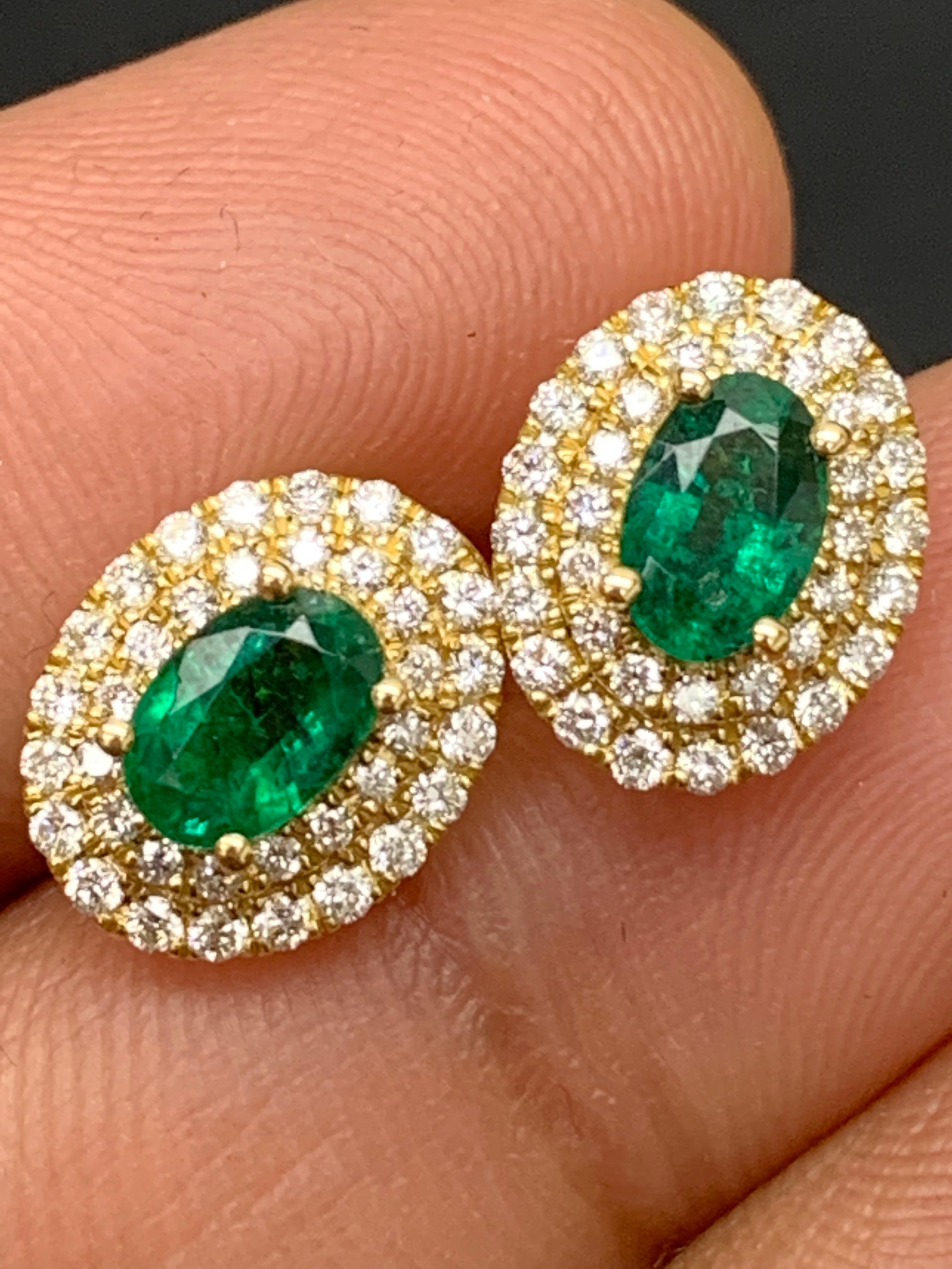 0.89 Carat Oval Cut Emerald and Diamond Stud Earrings in 18K Yellow Gold For Sale 3