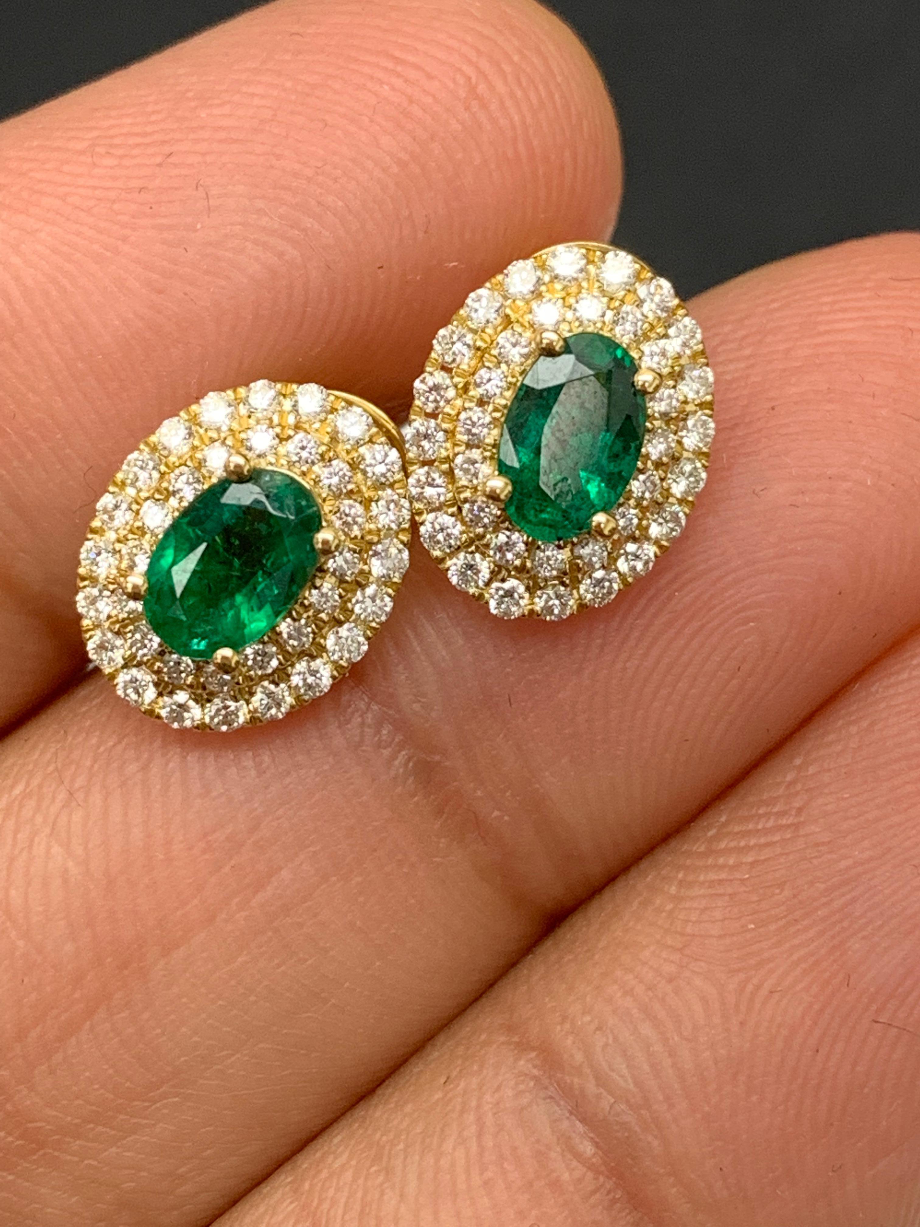 0.89 Carat Oval Cut Emerald and Diamond Stud Earrings in 18K Yellow Gold For Sale 4