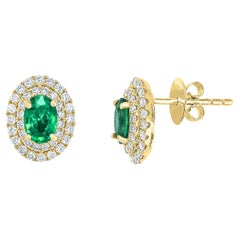 0.89 Carat Oval Cut Emerald and Diamond Stud Earrings in 18K Yellow Gold