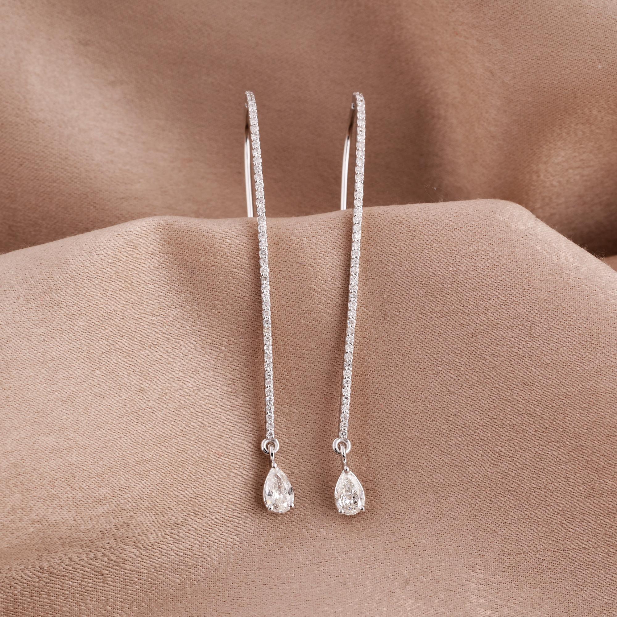 Pear Cut 0.89 Carat Pear & Round Diamond Dangle Earrings 18 Karat White Gold Fine Jewelry For Sale