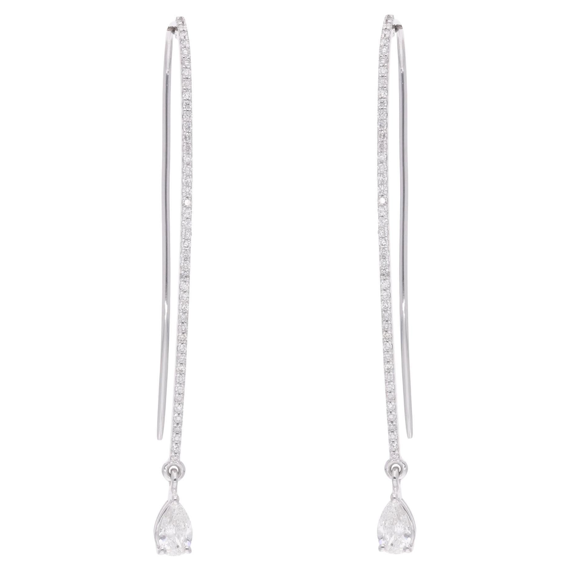 0.89 Carat Pear & Round Diamond Dangle Earrings 18 Karat White Gold Fine Jewelry