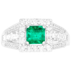 0.89 Ct Princess Cut Natural Emerald 1.13 Ct White Diamond Antique Ring 14K Gold