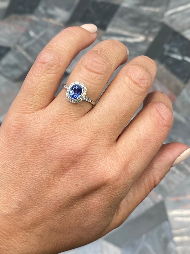 0.89 Carat Sapphire and Diamond Cluster Platinum Engagement Ring For Sale 2