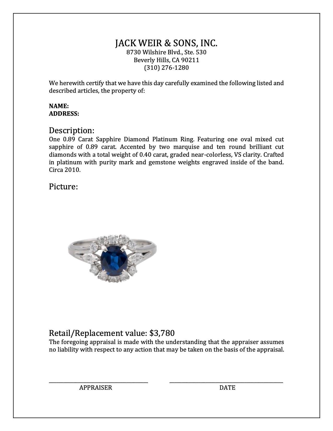 0.89 Carat Sapphire Diamond Platinum Ring For Sale 2