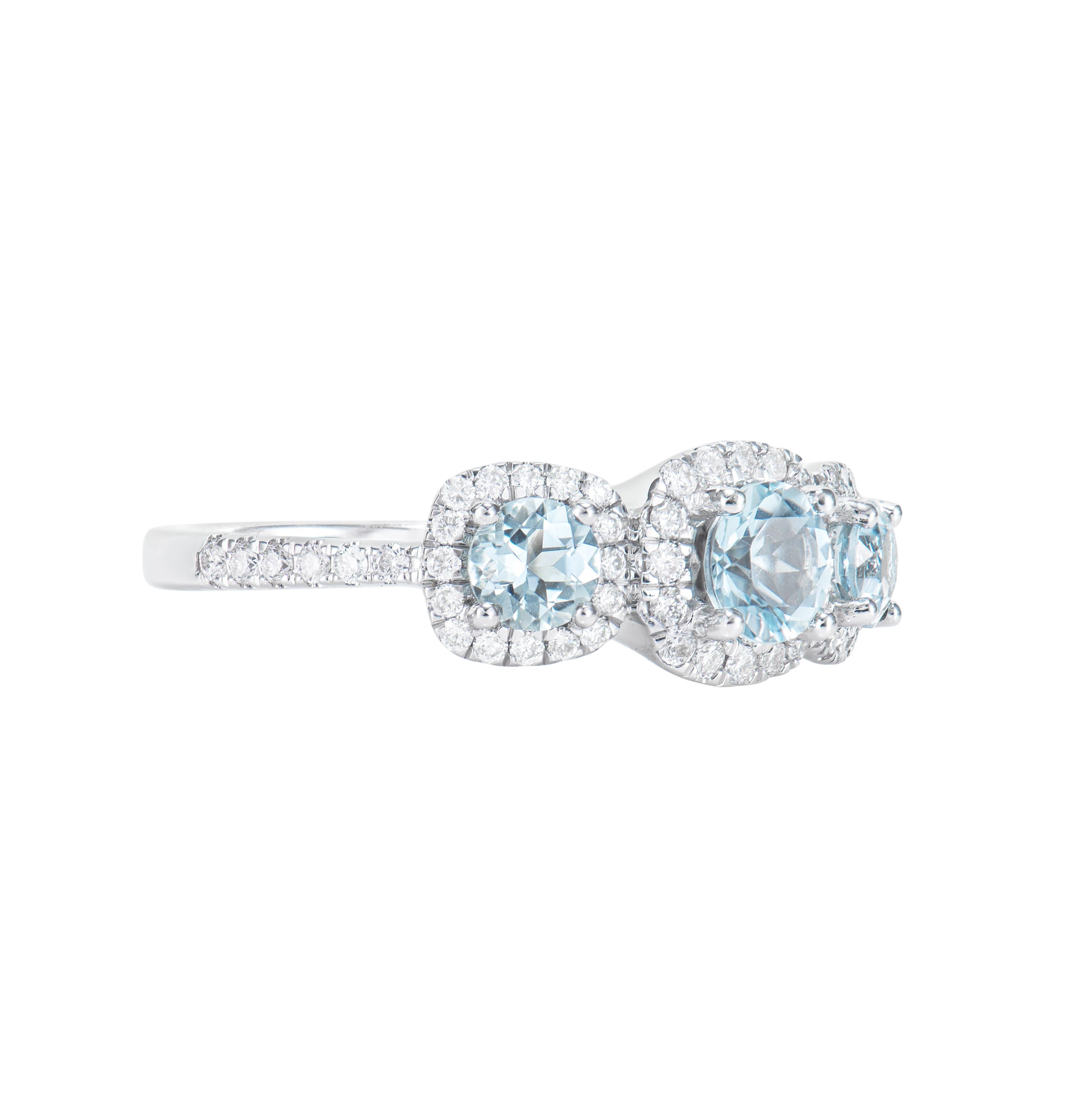 The Three Aquamarine stone ring is beautiful, unique, and perfect for anyone who wants a statement piece. Wear it as an everyday ring or stack it with other rings to create an entirely different look. Accented with Diamonds these rings are made in