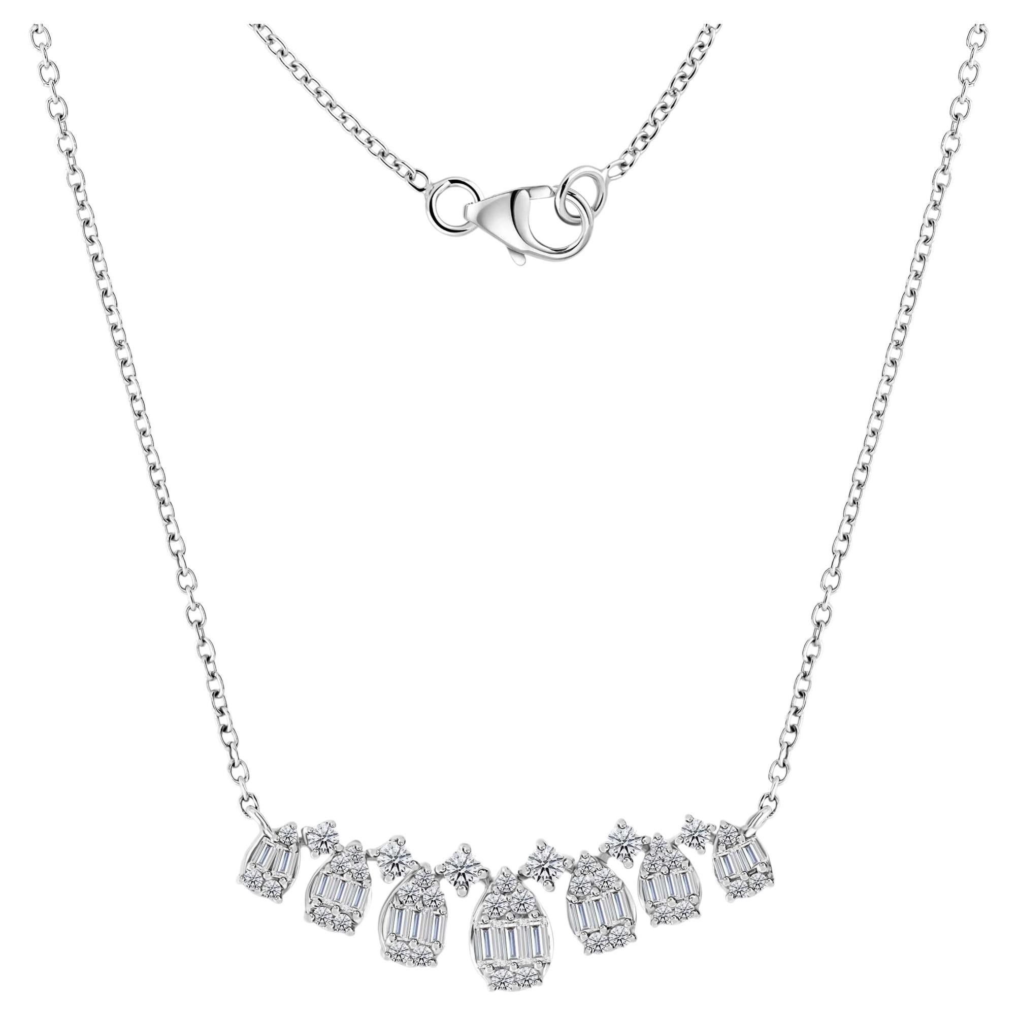 18K White Gold Natural Baguette Diamond Teardrop Necklace, 0.89ct  Gift for Her For Sale