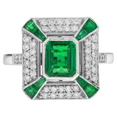 0.89 Ct. Emerald Diamond Art Deco Style Octagon Engagement Ring in 18K Gold