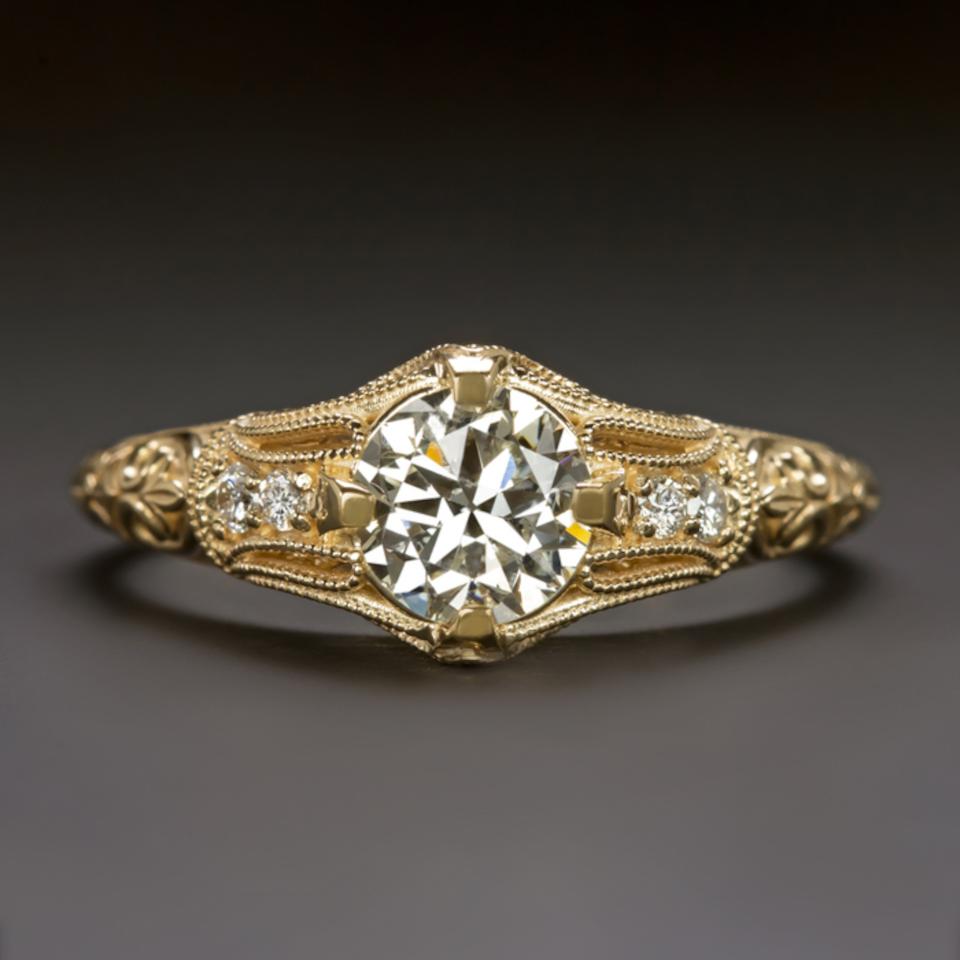 Women's or Men's 0.89 Ct Old European Cut Diamond Engagement Ring Vintage Set in 14k Yellow Gold