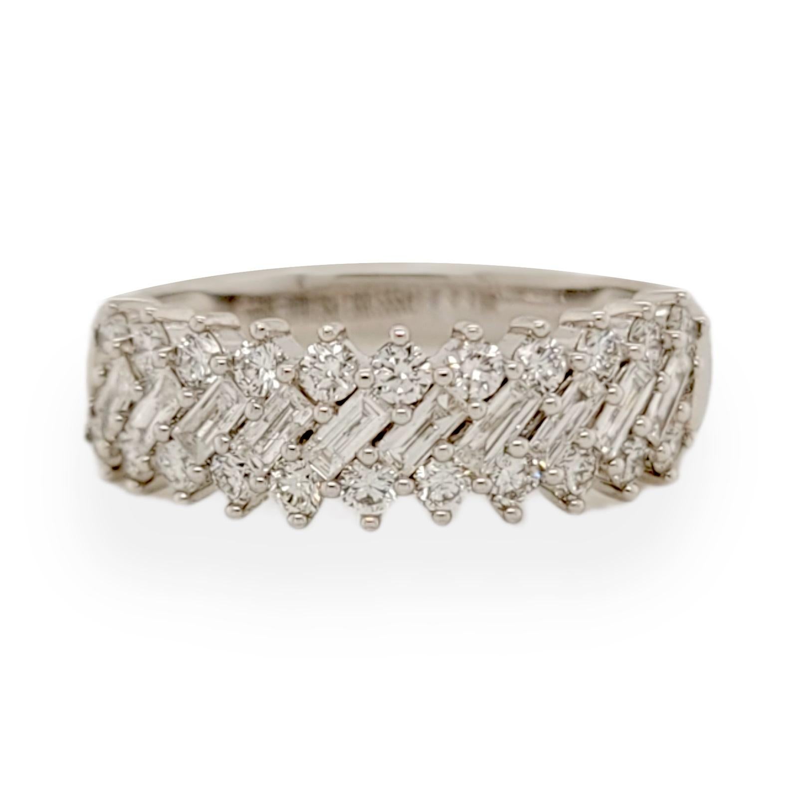 Round Cut 0.89 Ct Round & Baguette Diamond in 14K White Gold Wedding Band Ring For Sale