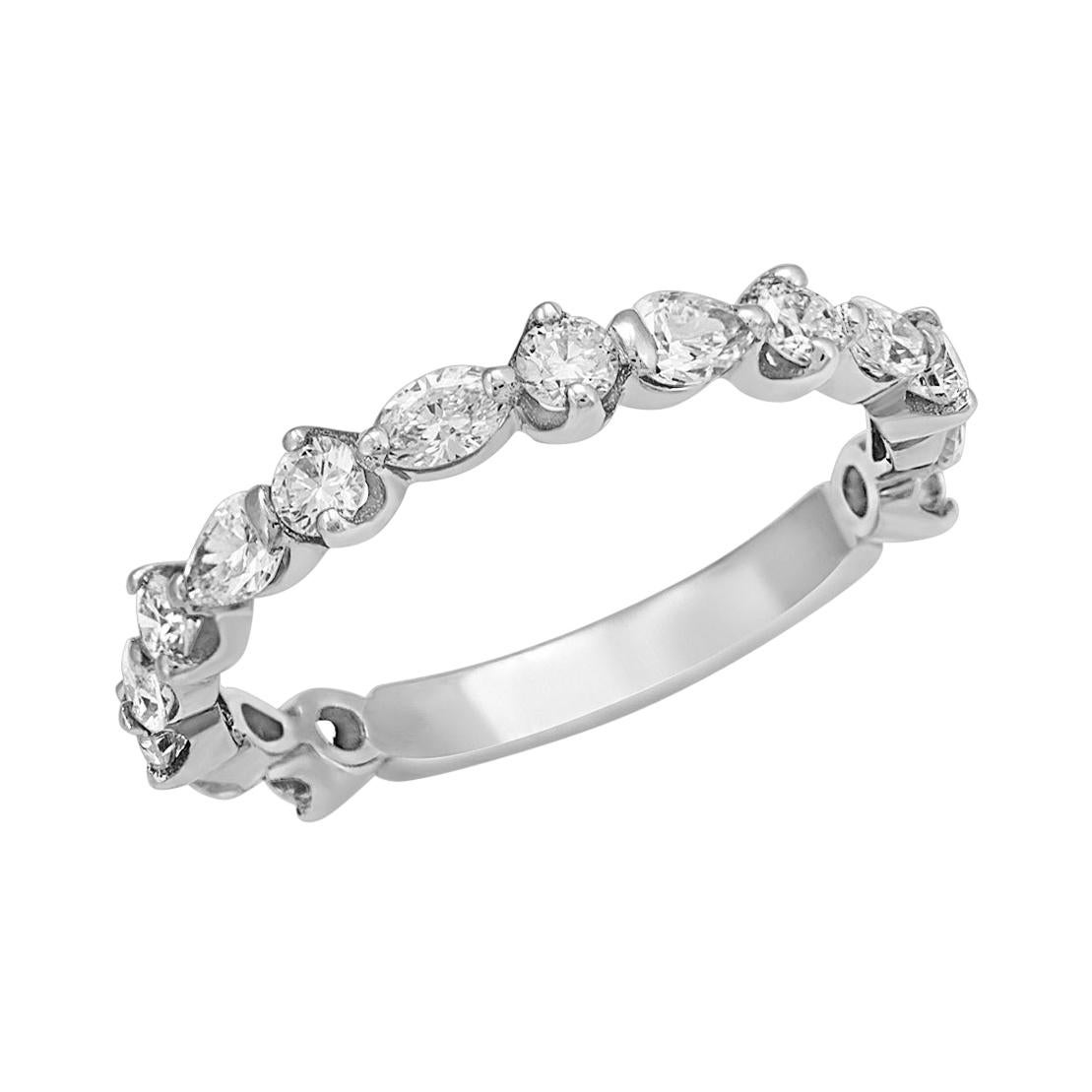 0.89 CT Round & Marquise Diamond in 14K White Gold Wedding Band Ring For Sale