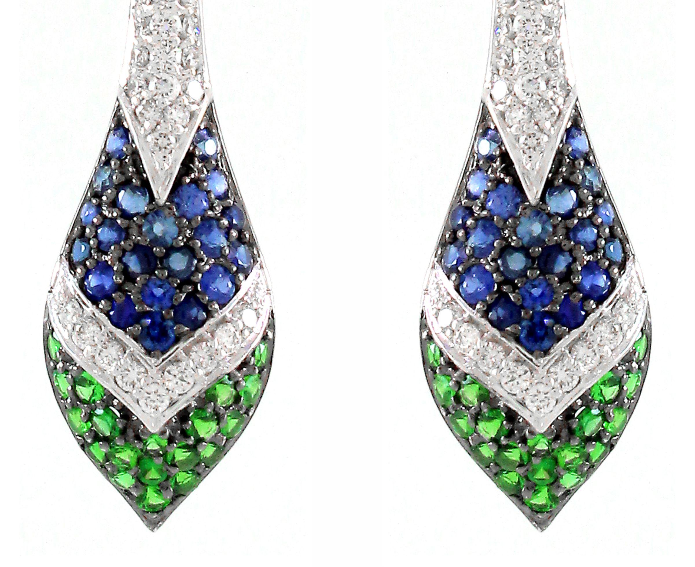 Taille ronde Boucles d'oreilles saphir bleu 0,89 carat et tsavorite 0,65 carat en vente