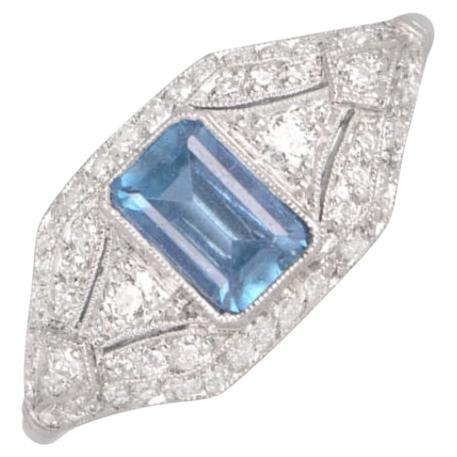 Bague de fiançailles en platine avec aigue-marine de 0,89ct, taille émeraude 