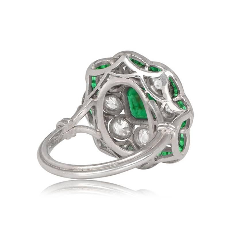 Art Deco 0.89ct Emerald Cut Natural Emerald Engagement Ring, Double Halo, Platinum