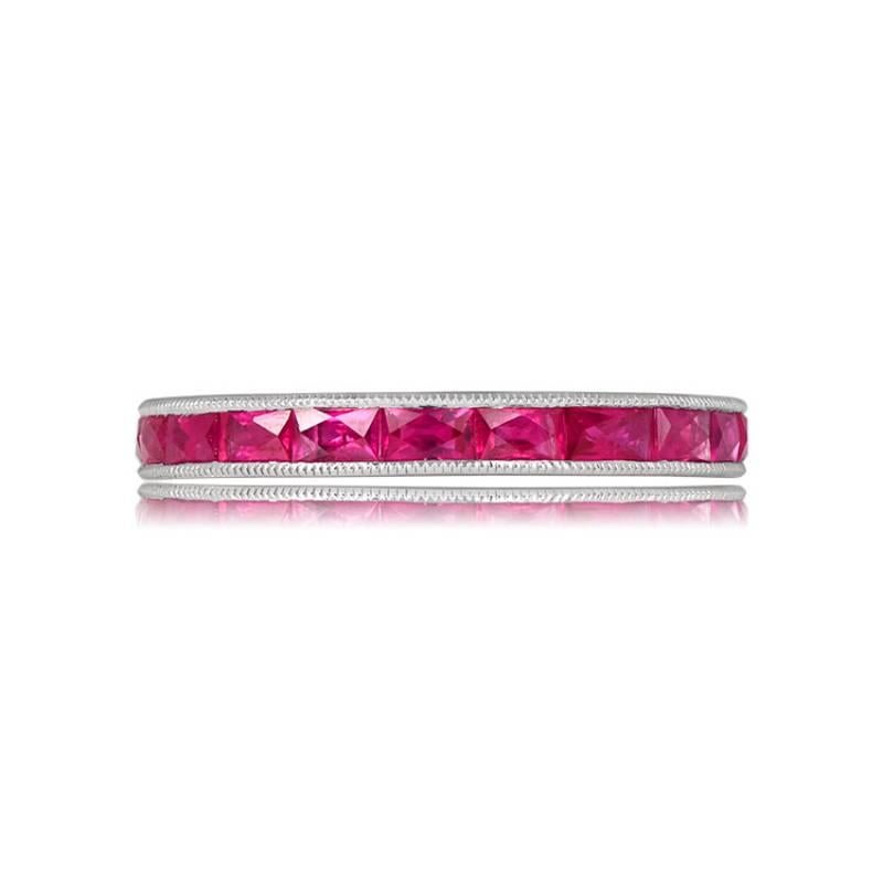 This exquisite half-eternity band is crafted in 14k white gold and features a channel setting of French baguette-cut natural rubies, totaling 0.89 carats. The band's width is elegantly designed at 2.68mm, creating a stunning and timeless