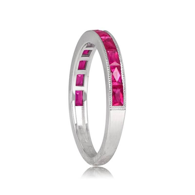Art Deco 0.89ct French Baguette Cut Natural Ruby Band Ring, 14k White Gold For Sale