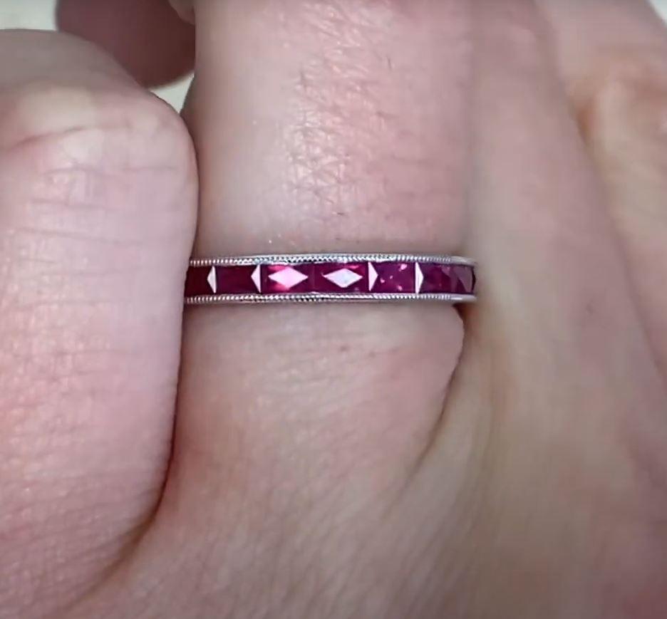 0.89ct French Baguette Cut Natural Ruby Band Ring, 14k White Gold In Excellent Condition For Sale In New York, NY