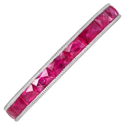 0.89ct French Baguette Cut Natural Ruby Band Ring, 14k White Gold