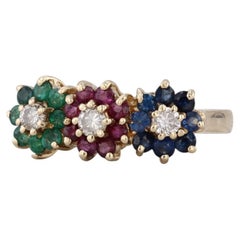0.89ctw Diamond Emerald Ruby Sapphire Flowers Ring 14k Yellow Gold Size 6.25