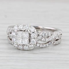 Used 0.89ctw Diamond Halo Engagement Ring Wedding Band Bridal Set 14k Gold Size 6.5