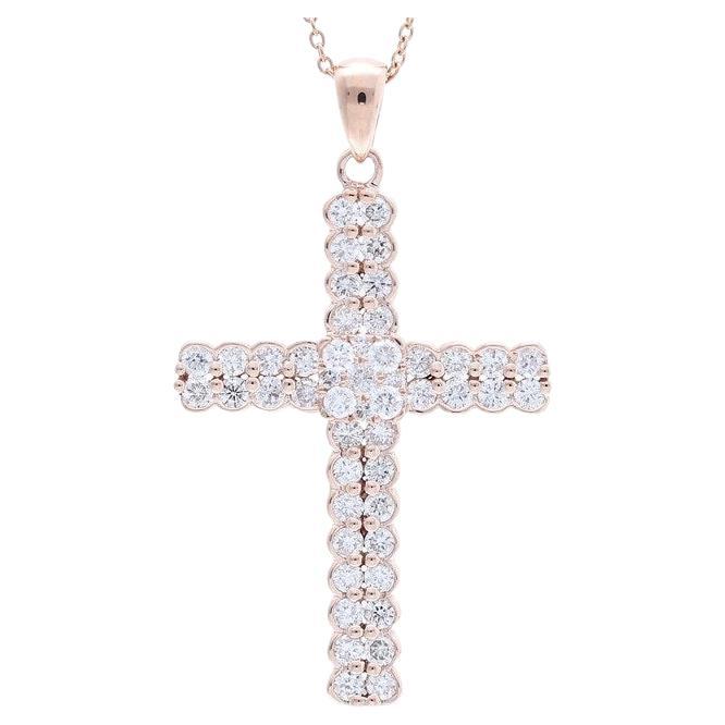 0.9 Carat Diamonds in 14K Rose Gold Cross Pendant For Sale